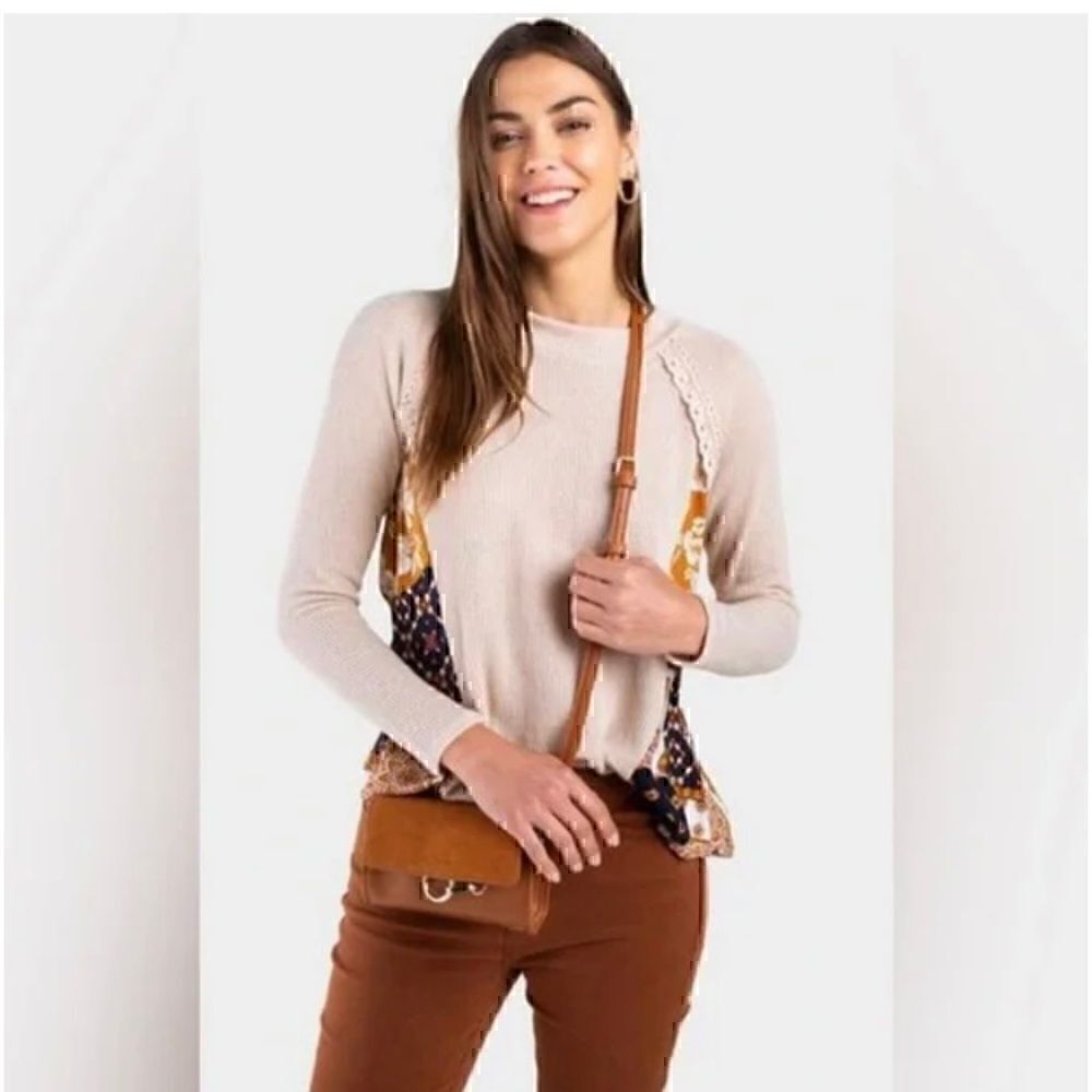 Francesca’s  Blue Rain Cienna Print Keyhole Tie Back Long Sleeve Sweater L - Picture 4 of 13